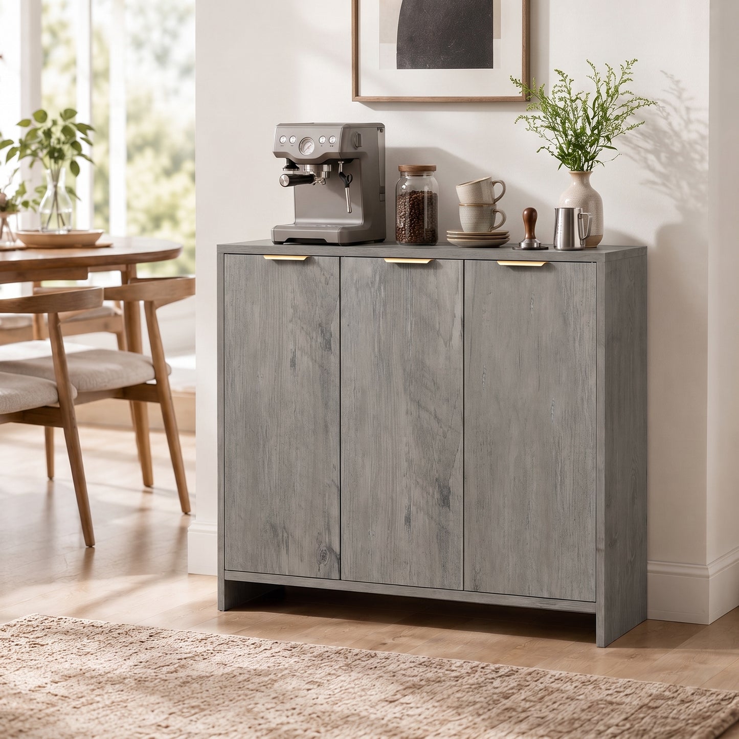 Sideboard with 3 Doors and Adjustable Shelves, Kitchen Cupboard, Grey