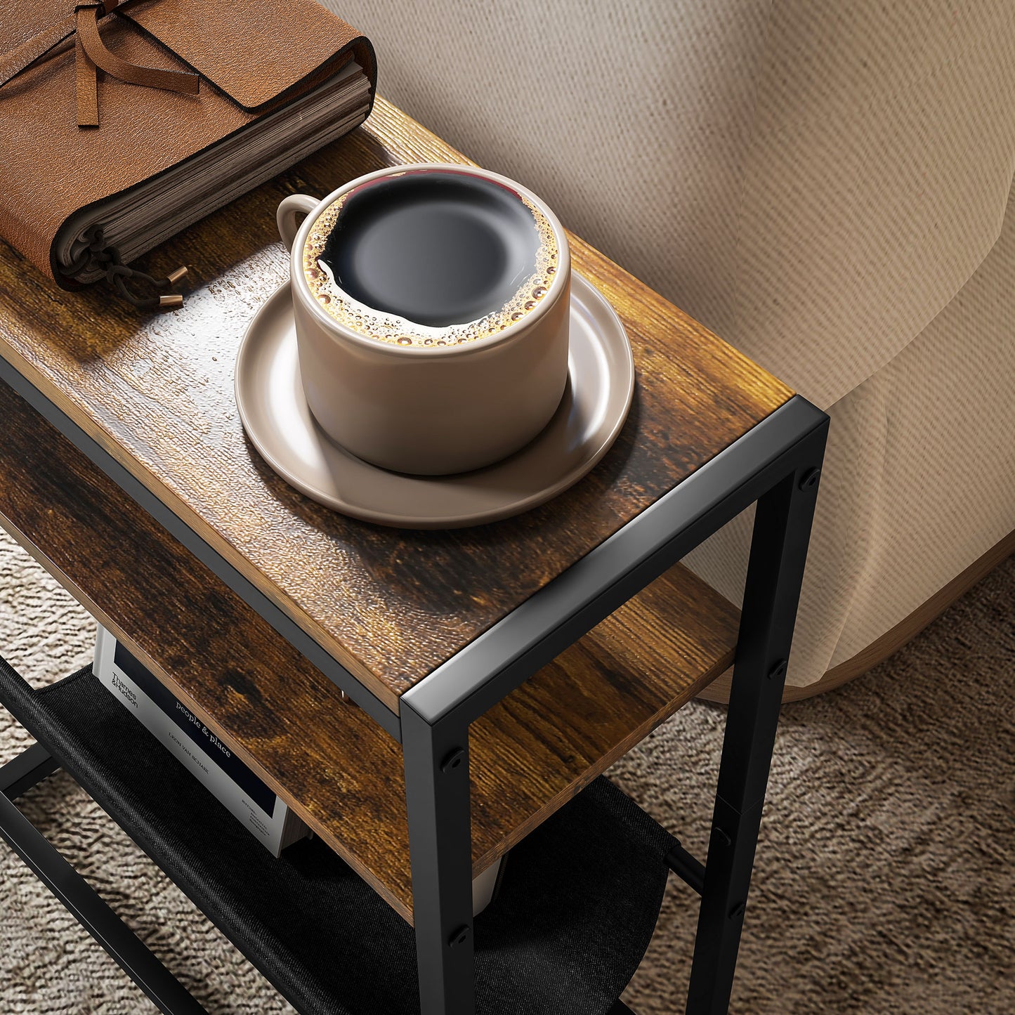 Narrow Side Table, End Table with 3-Tier Storage for Living Room