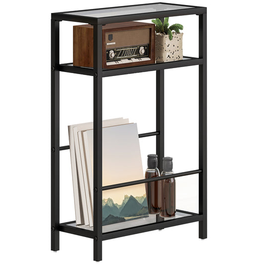Slim Side Table, End Table with Tempered Glass Tabletop, Black