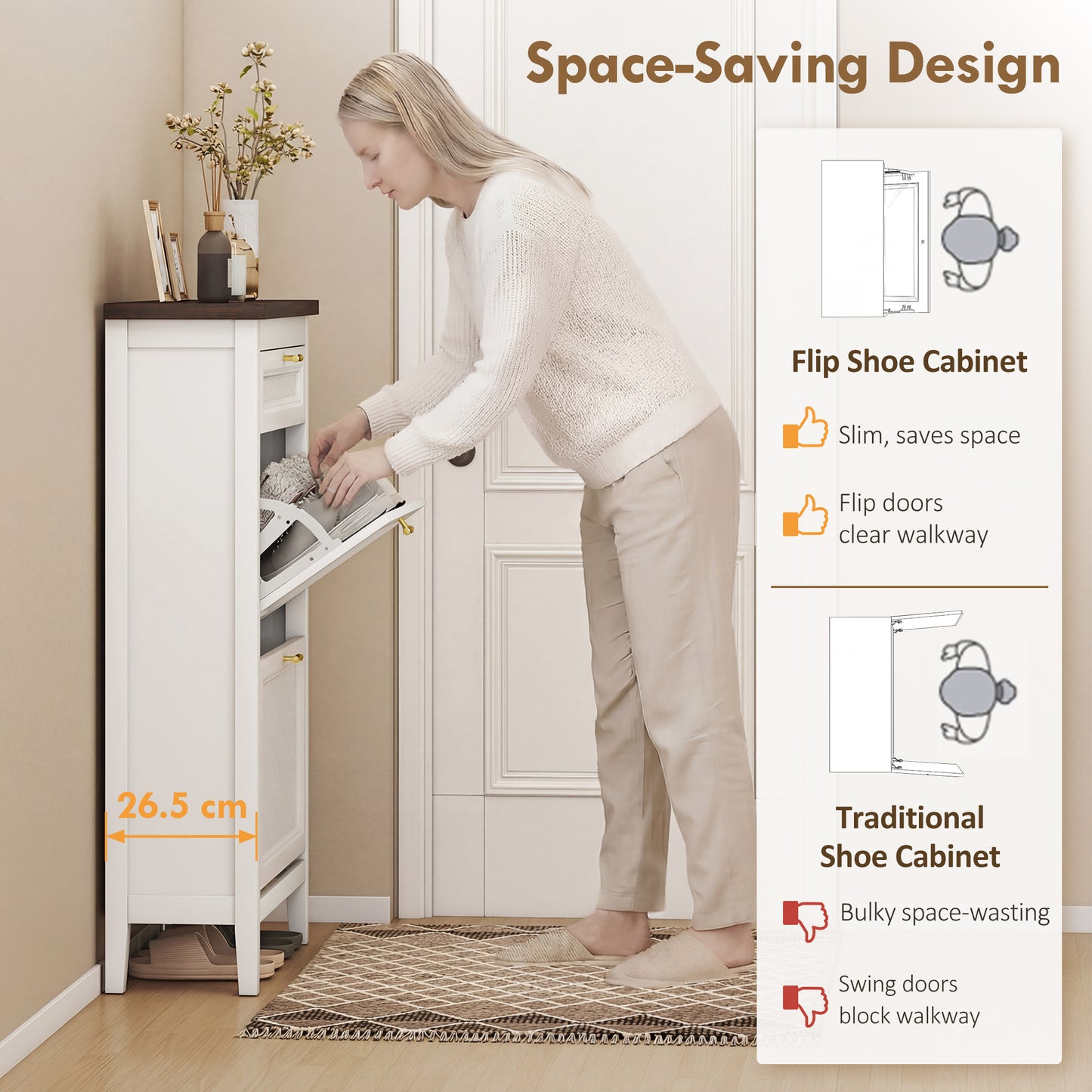 Shoe Cabinet with 2 Flip Drawers, Narrow Shoe Storage Cabinet, White