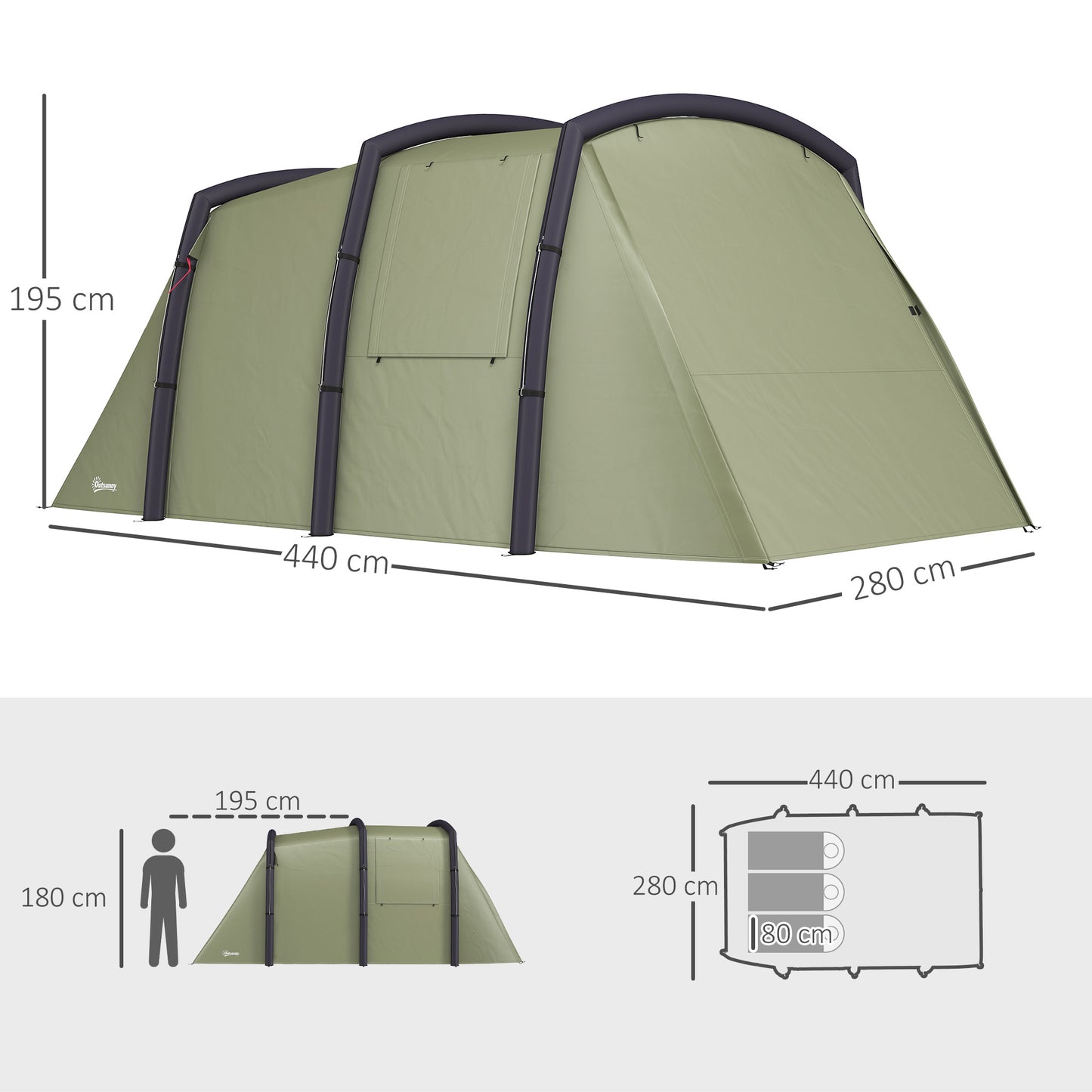 Inflatable 3-4 Man Tunnel Tent w/ Pump, Living Area, Olive Green