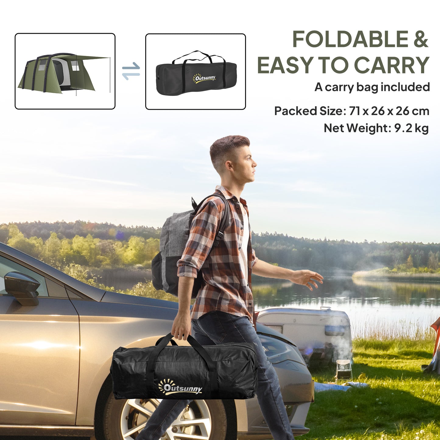 Inflatable 3-4 Man Tunnel Tent w/ Pump, Living Area, Olive Green