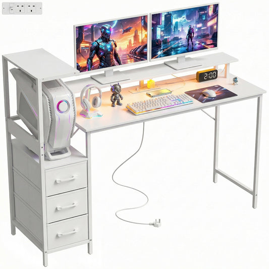 147cm Gaming Desk with Charging Station and RGB Lights, White