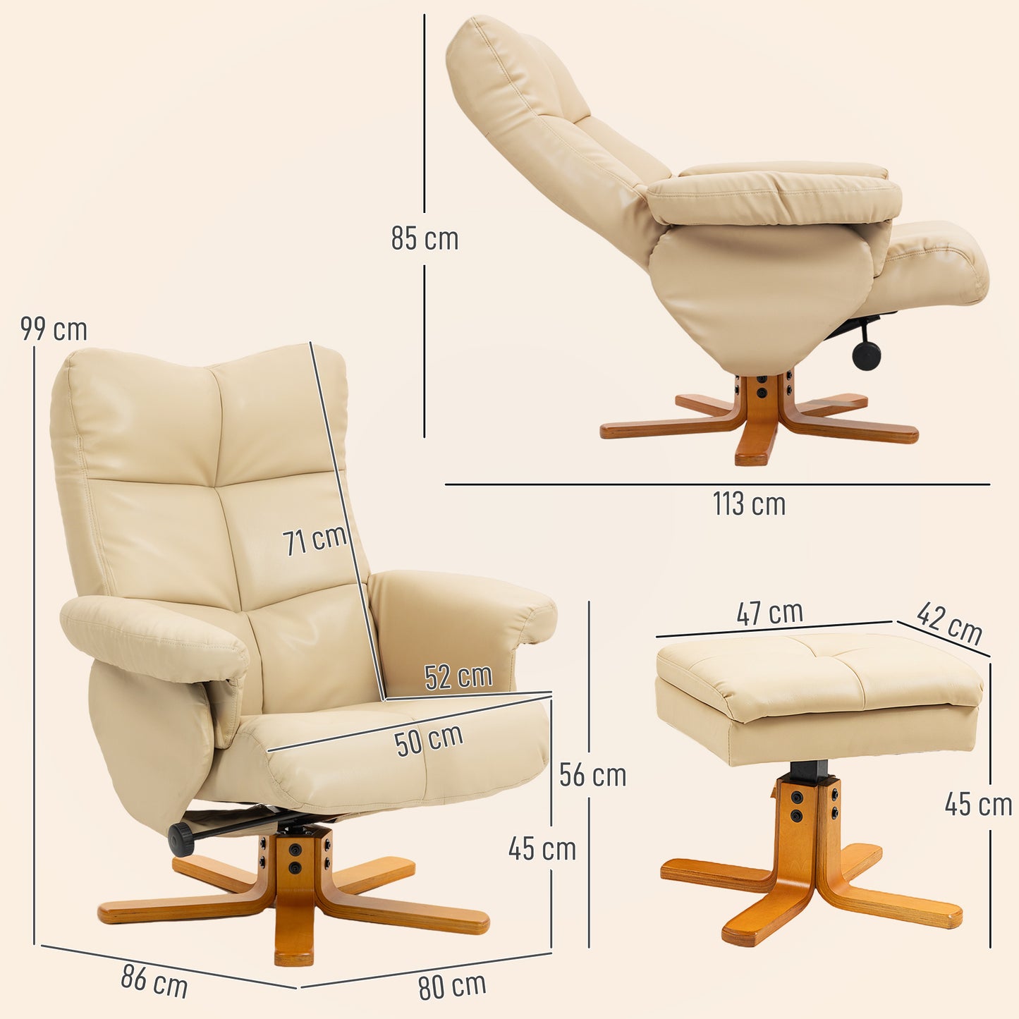 Recliner Chair and Footstool PU Leather Wooden Base, Beige