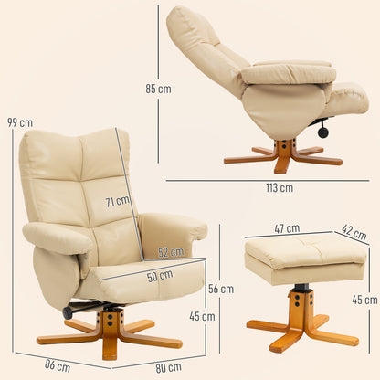 Recliner Chair and Footstool PU Leather Wooden Base, Beige