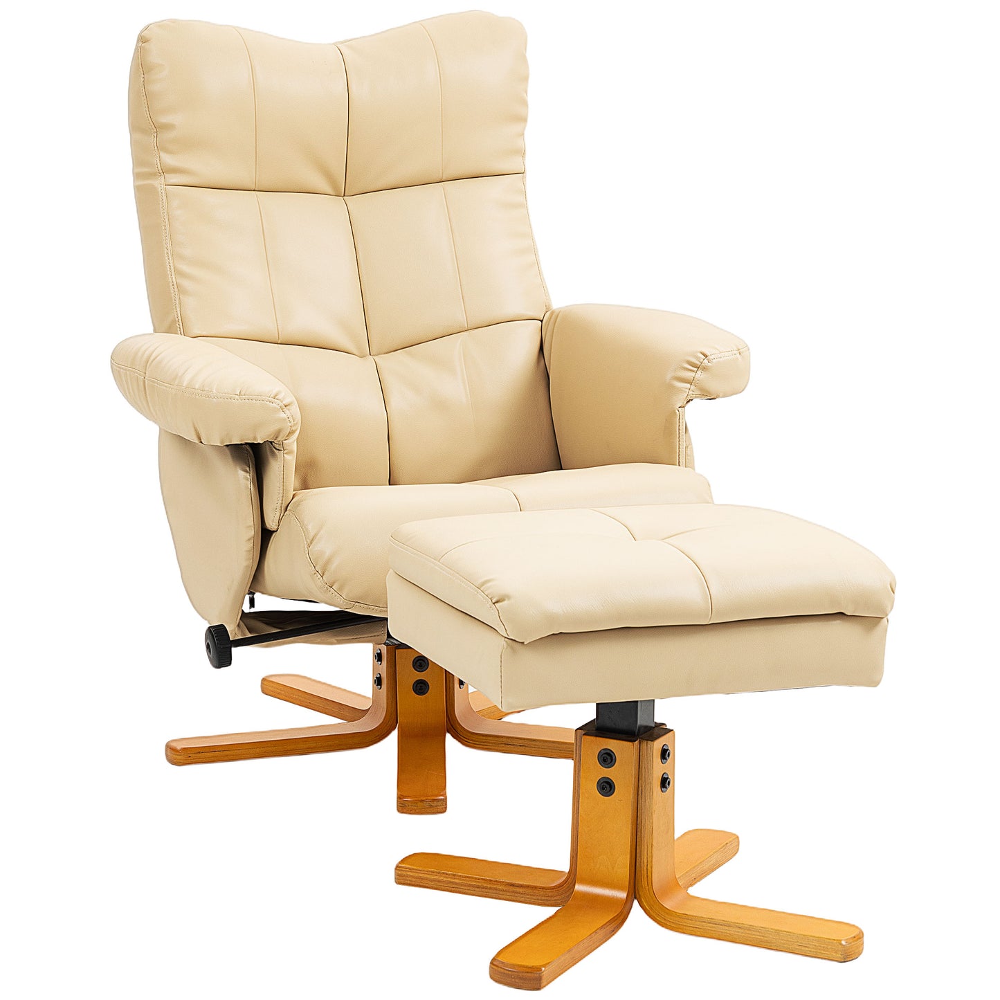 Recliner Chair and Footstool PU Leather Wooden Base, Beige