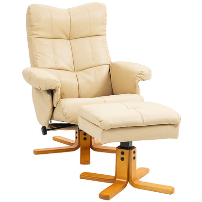 Recliner Chair and Footstool PU Leather Wooden Base, Beige
