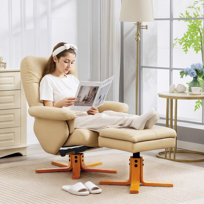 Recliner Chair and Footstool PU Leather Wooden Base, Beige