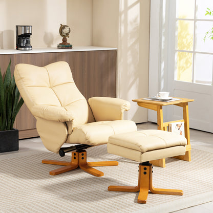 Recliner Chair and Footstool PU Leather Wooden Base, Beige