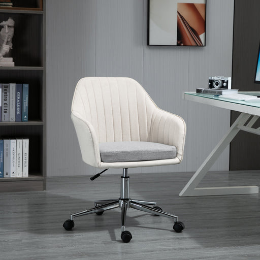 Leisure Office Chair Linen Fabric Swivel Scallop Shape Computer Desk Chair Home Study Bedroom with Wheels, Beige