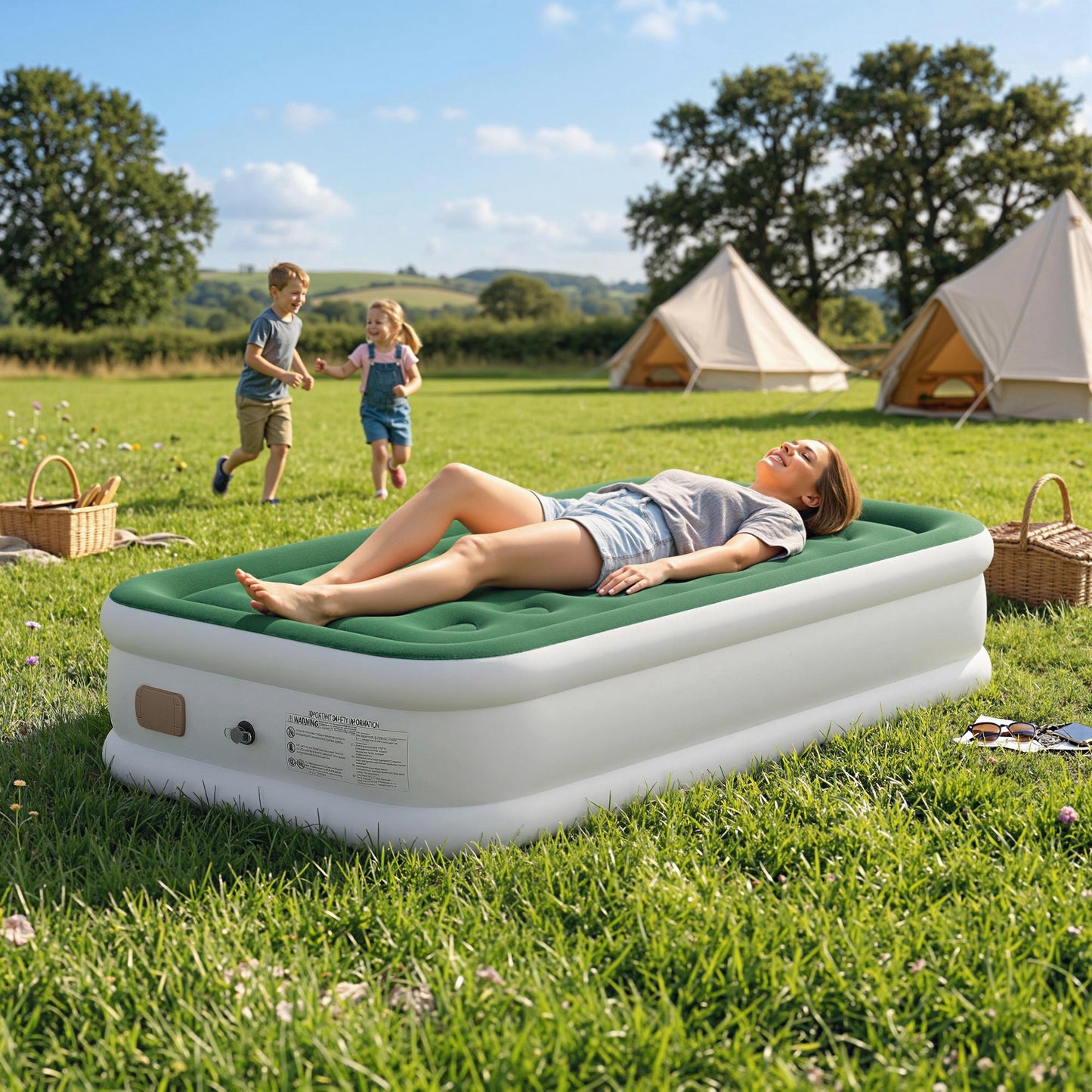 Inflatable Mattress, Single Air Bed with Built-in Pump, Dark Green