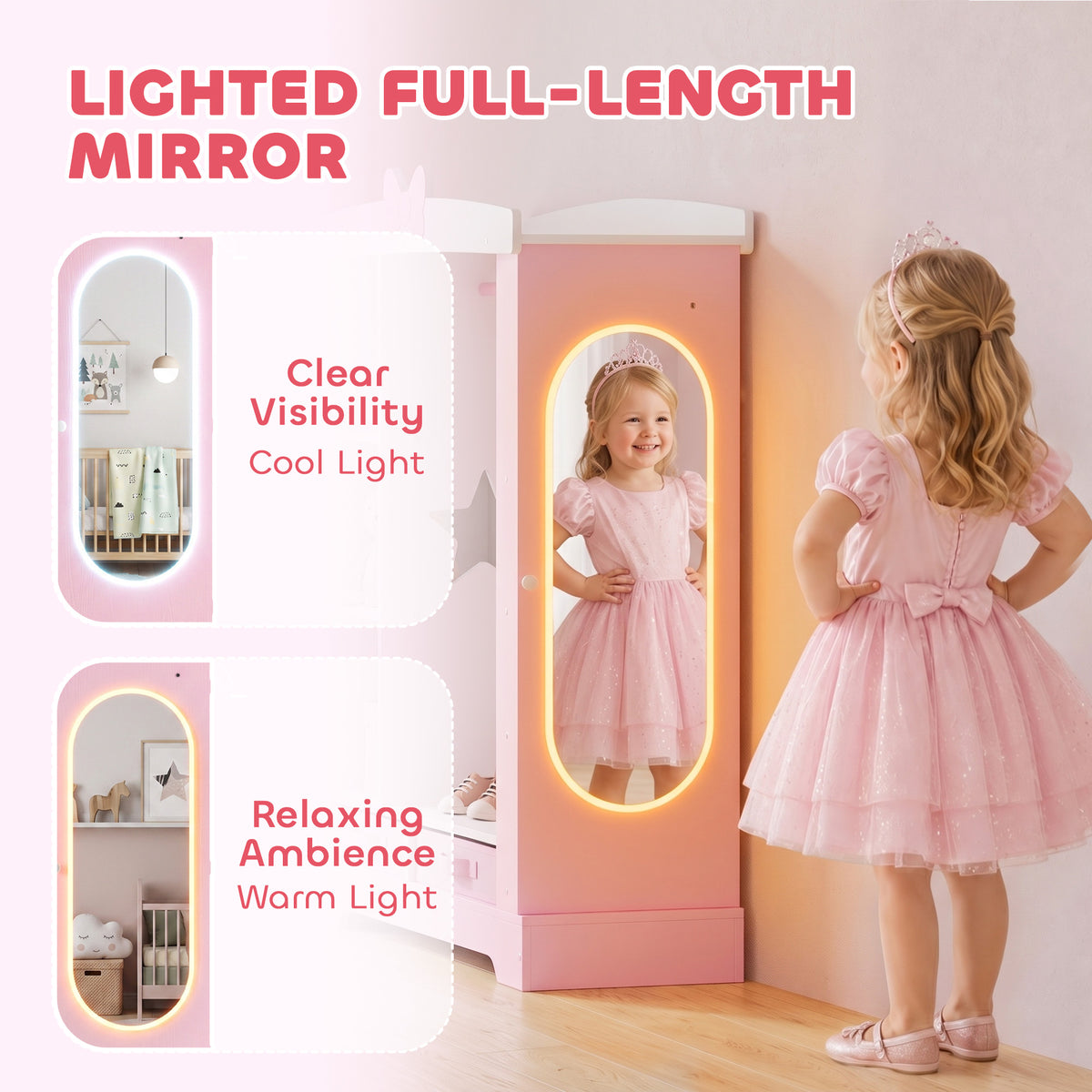 Kids Wardrobe, Children Dress Up Storage with Lighted Mirror, Pink