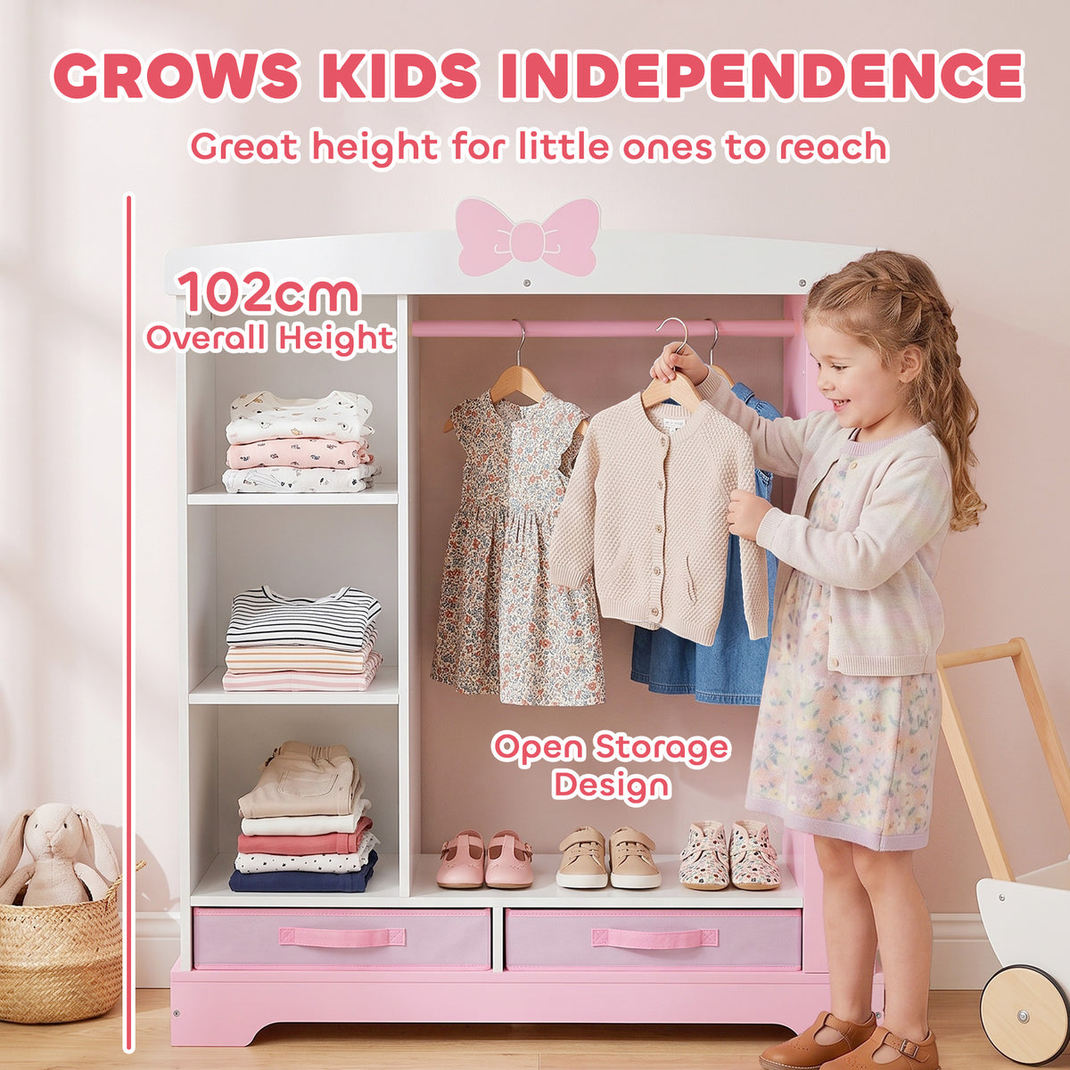 Kids Wardrobe, Children Dress Up Storage with Lighted Mirror, Pink