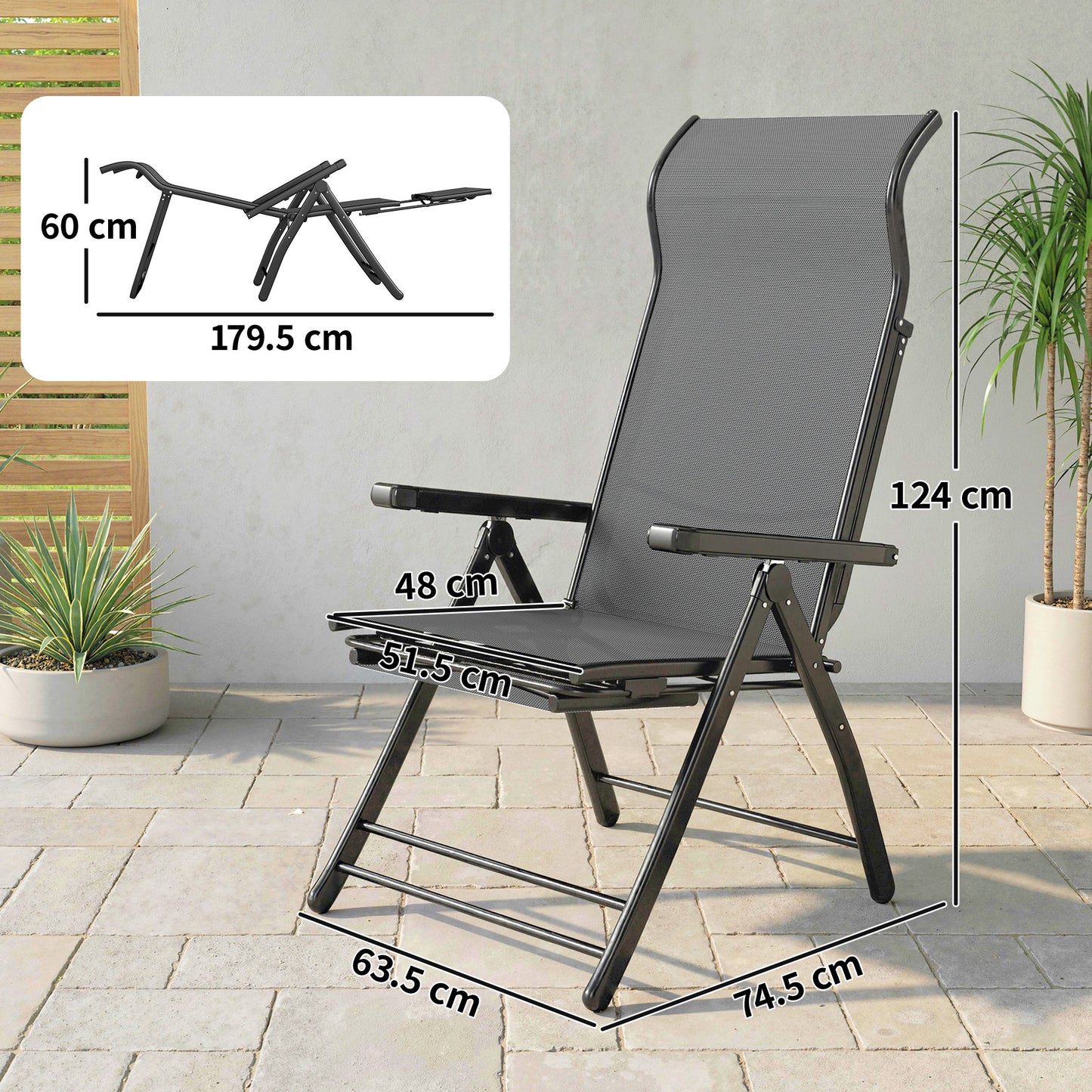 Folding Reclining Garden Chairs Set of 2 with Footrest, Dark Grey