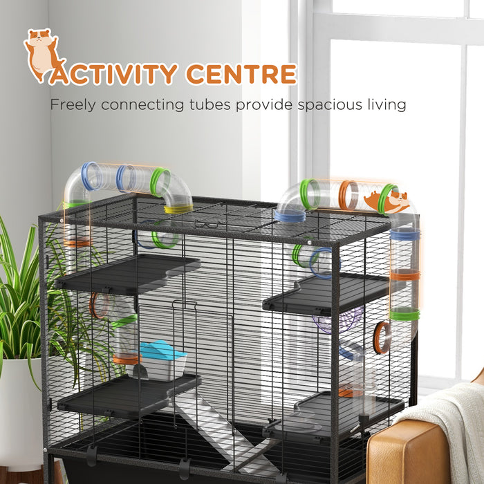 Large Hamster Cage Gerbil Cage with Tubes, Storage Shelf, Ramps, Platforms, Running Wheel - Black