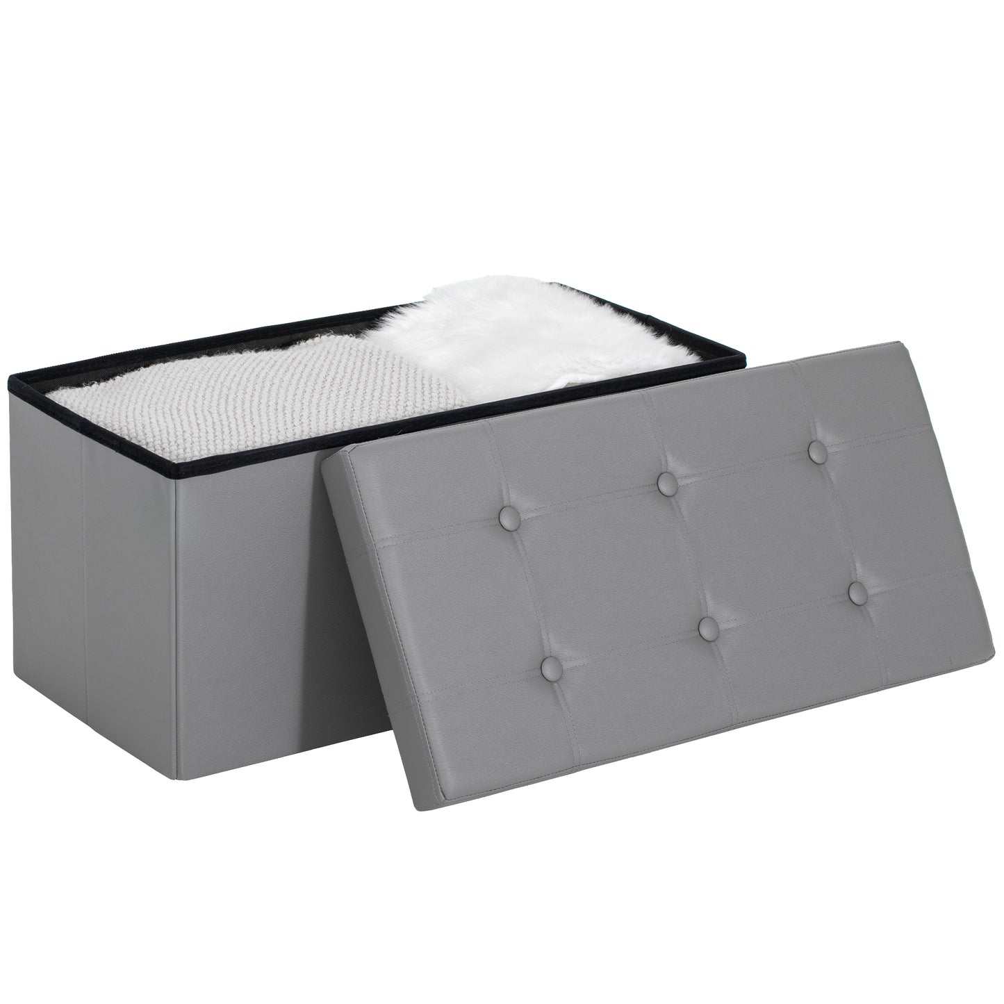 Storage Ottoman Bench, 89L PU Leather Folding Foot Rest, Grey