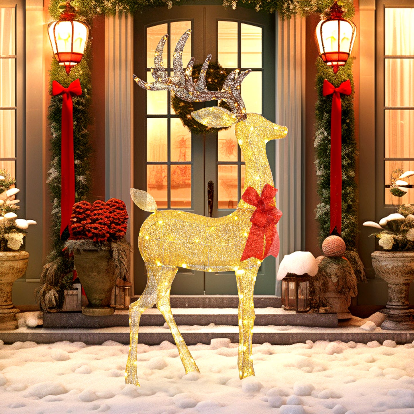 Lighted Reindeer Christmas Decoration w/ Stakes Zip Ties Gold Tone