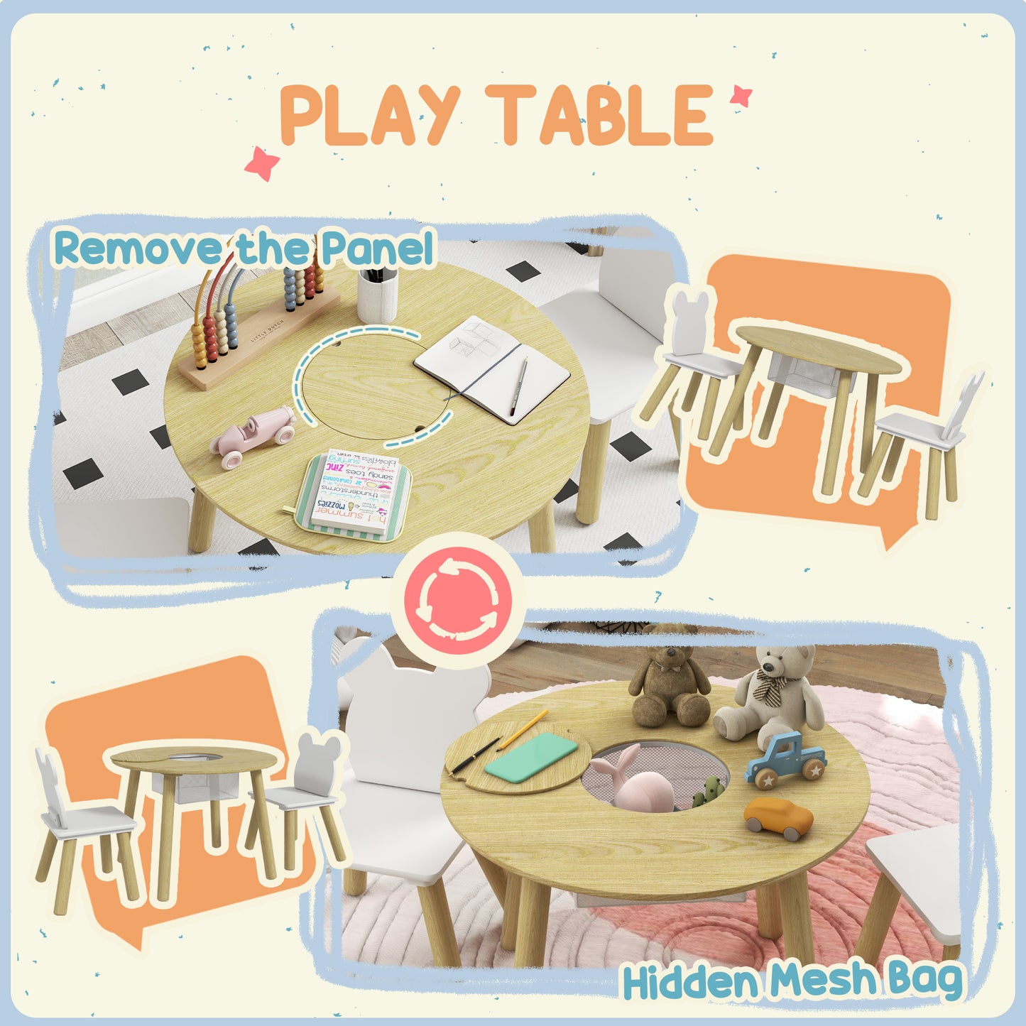3 Pieces Toddler Table and Chair Set w/ Centre Mesh Bag