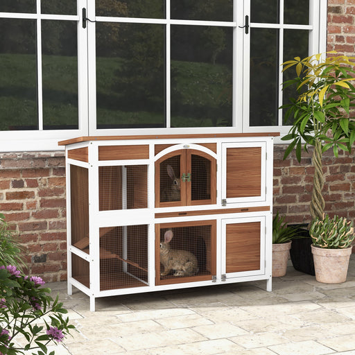 Two-Tier Wooden Pet Hutch with Openable Roof, Slide-Out Tray