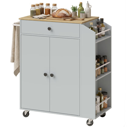 Kitchen Trolley with Drawer, Cupboard and 3-Tier Spice Rack - Light Blue & Oak Effect