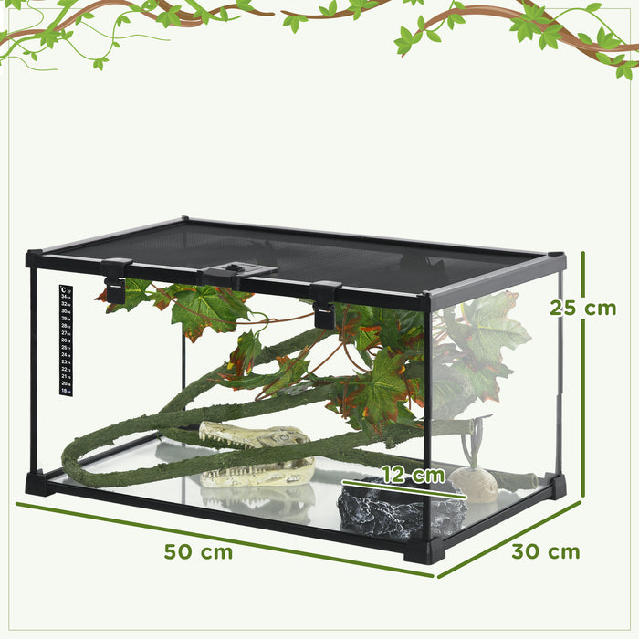 Glass Reptile Terrarium with Thermometer, Decor Kit, Heated - Black