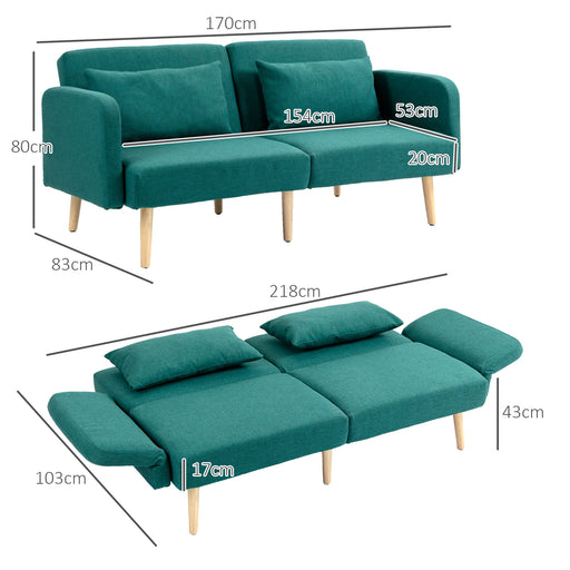 Convertible Sofa Bed Settee with Cushions, Adjustable Backrest, Green