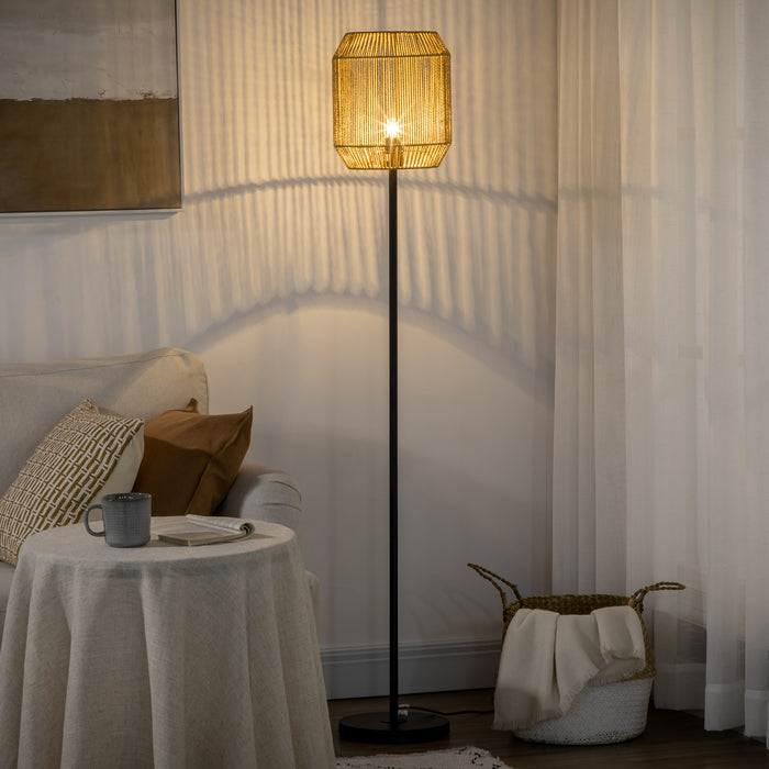 Farmhouse Standing Lamp, Floor Lamps with Hand Woven Rattan Lampshade for Living Room