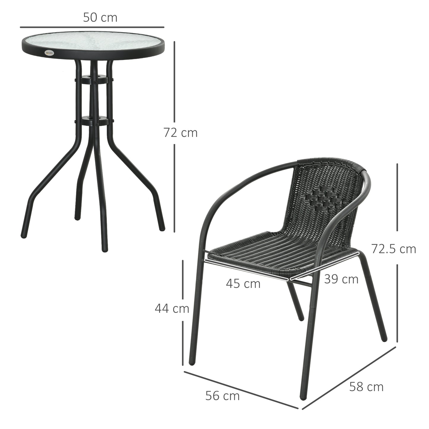 3 Pieces Garden Furniture Set with 2 Stackable Chairs, Black