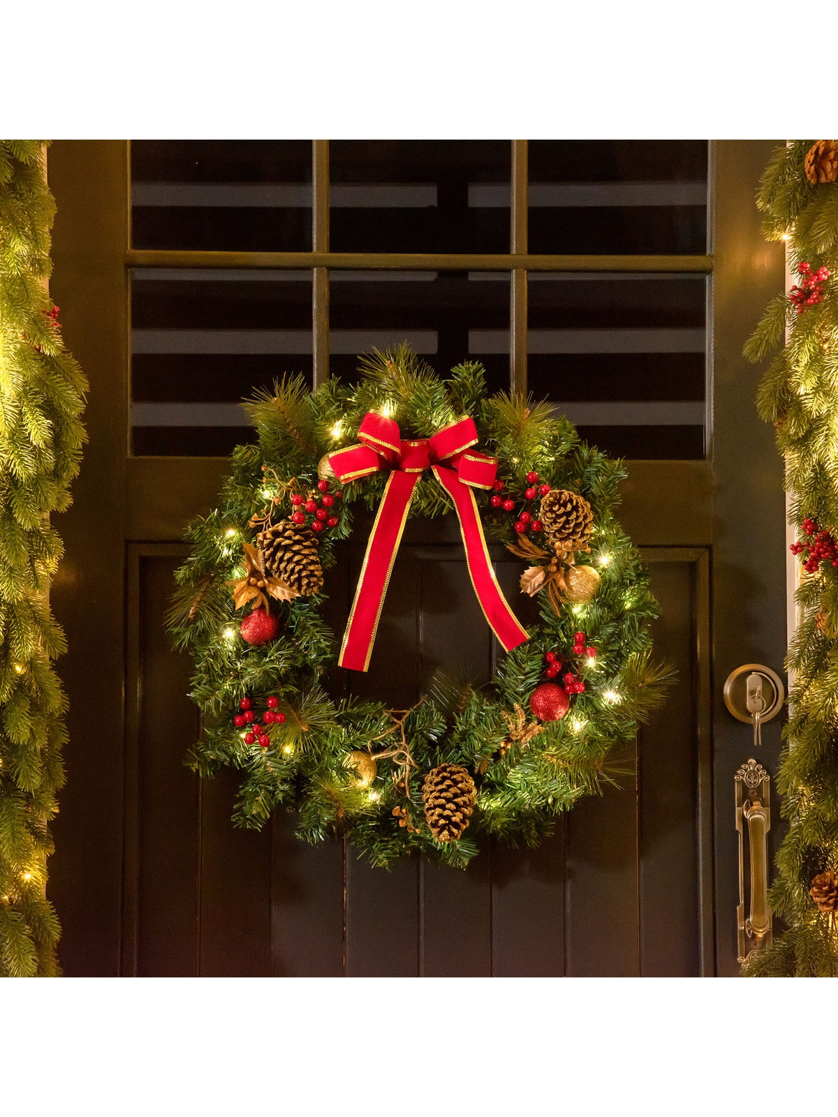 Pre-Lit Artificial Christmas Door Wreath Holly Garland Decor 20 LED