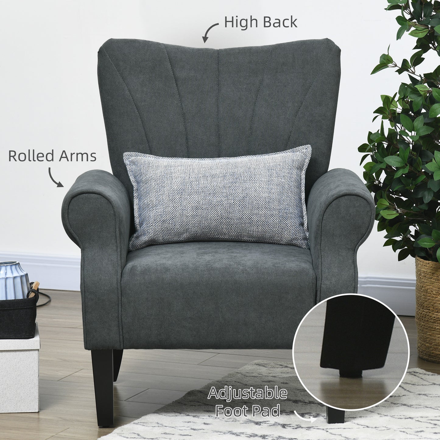 Armchair, Upholstered Modern Accent Chair with Wood Legs, Grey
