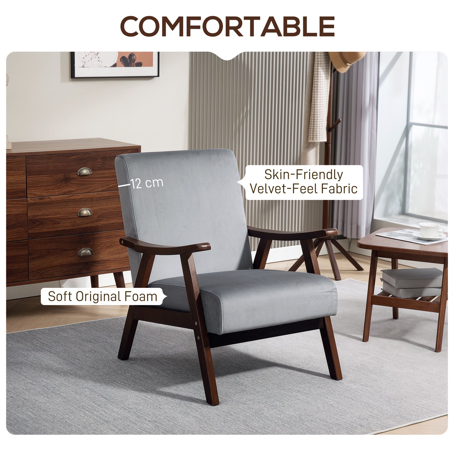 Velvet Armchair with Solid Wood Frame and Thick Padded, Grey