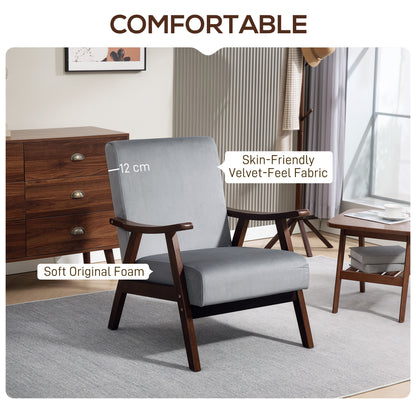 Velvet Armchair with Solid Wood Frame and Thick Padded, Grey