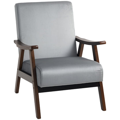 Velvet Armchair with Solid Wood Frame and Thick Padded, Grey