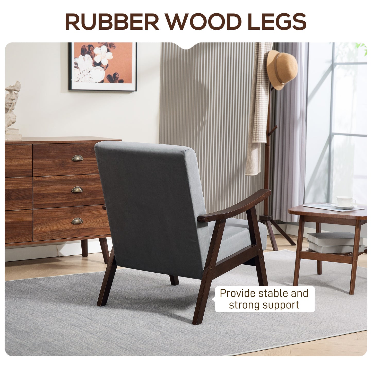 Velvet Armchair with Solid Wood Frame and Thick Padded, Grey