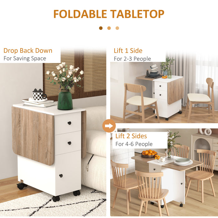 Folding Dining Table, Drop Leaf Table With Drawers Oak and White