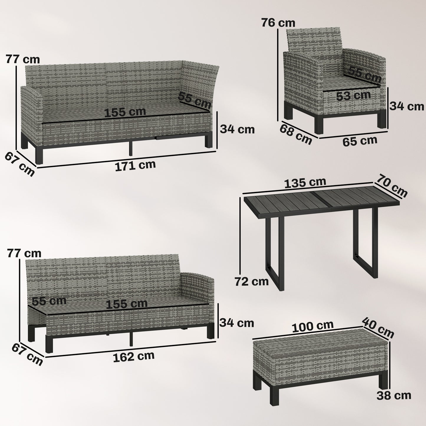 Rattan Garden Furniture Sofa Set, Outdoor Dining Set for 9, Grey
