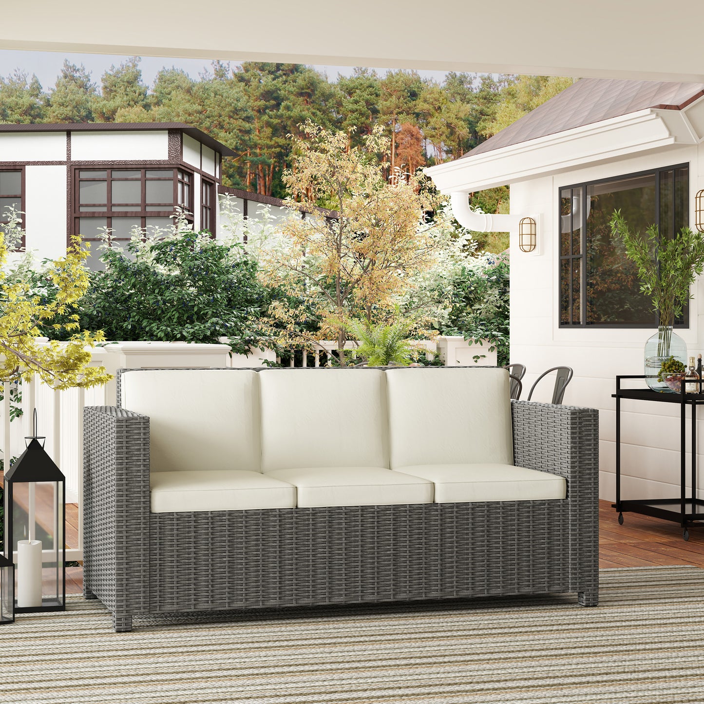 Rattan Wicker 3-seater Chair Patio Furniture w/ Cushion Cream