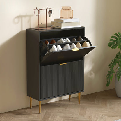 Slim Shoe Storage Cabinet with 2 Flip Drawers for Hallway, Black