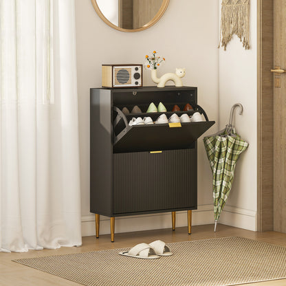 Slim Shoe Storage Cabinet with 2 Flip Drawers for Hallway, Black
