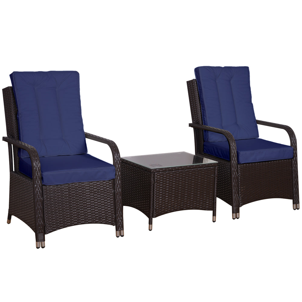 3 Pieces Outdoor Rattan Bistro Set, Patio Wicker Balcony Furniture with Steel Frame, Conservatory Set w/ 2 Cushioned Chair, Coffee Table & Cover, Dark Blue