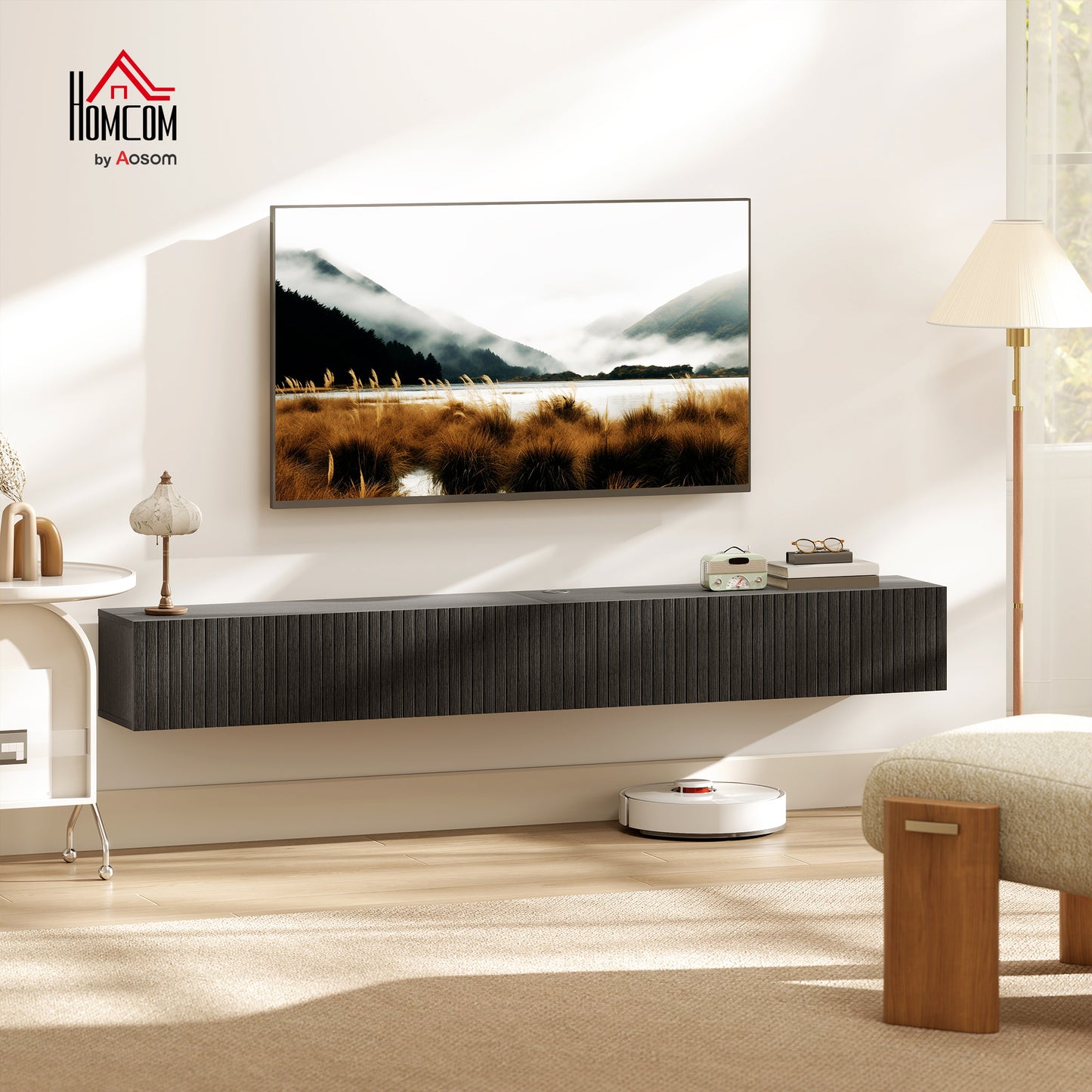 Wall Mount TV Stand Cabinet with Fluted Flip-Down Doors
