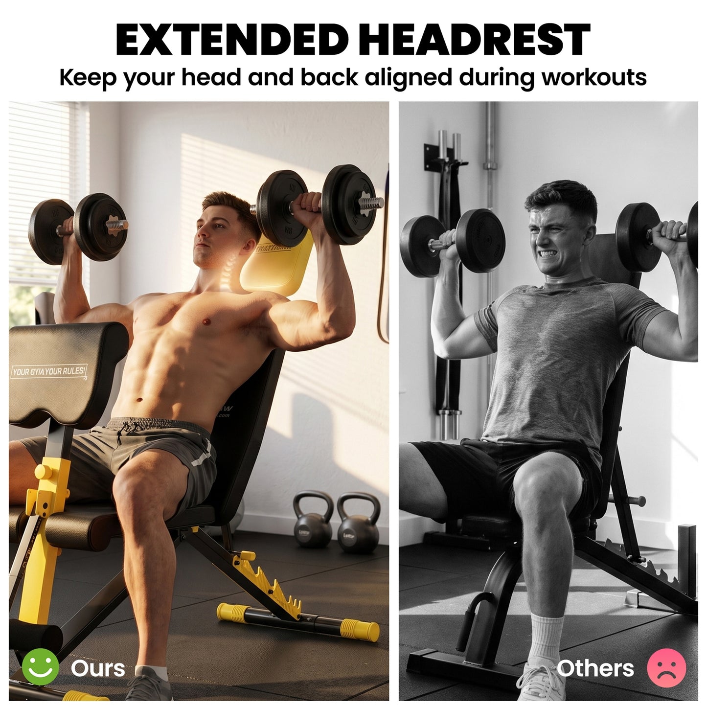 Adjustable Weight Bench for Home Gym, 300kg Incline Decline Flat Foldable Bench Press with 6 Backrest Positions, Leg Extension, Preacher Pad, Extended Headrest and Pull Strap, Yellow