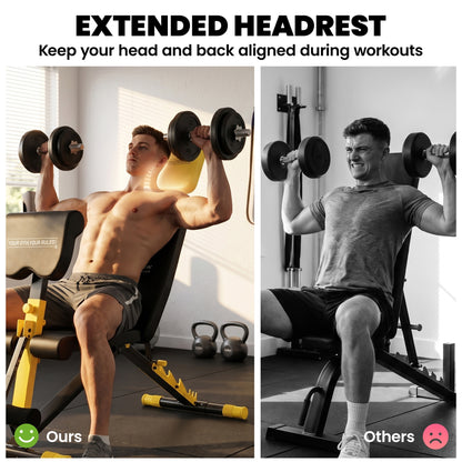 Adjustable Weight Bench for Home Gym, 300kg Incline Decline Flat Foldable Bench Press with 6 Backrest Positions, Leg Extension, Preacher Pad, Extended Headrest and Pull Strap, Yellow