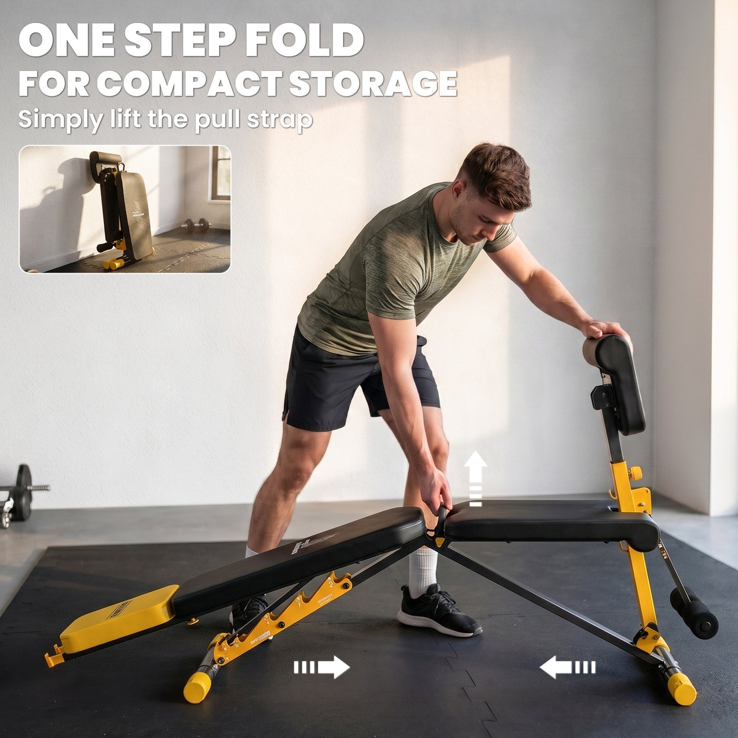 Adjustable Weight Bench for Home Gym, 300kg Incline Decline Flat Foldable Bench Press with 6 Backrest Positions, Leg Extension, Preacher Pad, Extended Headrest and Pull Strap, Yellow