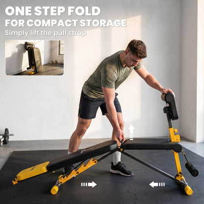 Adjustable Weight Bench for Home Gym, 300kg Incline Decline Flat Foldable Bench Press with 6 Backrest Positions, Leg Extension, Preacher Pad, Extended Headrest and Pull Strap, Yellow