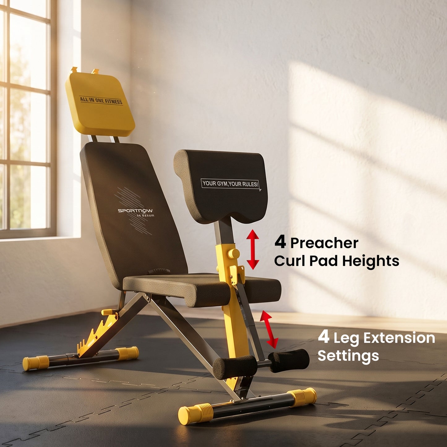 Adjustable Weight Bench for Home Gym, 300kg Incline Decline Flat Foldable Bench Press with 6 Backrest Positions, Leg Extension, Preacher Pad, Extended Headrest and Pull Strap, Yellow