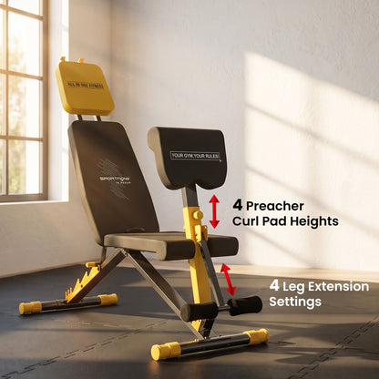 Adjustable Weight Bench for Home Gym, 300kg Incline Decline Flat Foldable Bench Press with 6 Backrest Positions, Leg Extension, Preacher Pad, Extended Headrest and Pull Strap, Yellow