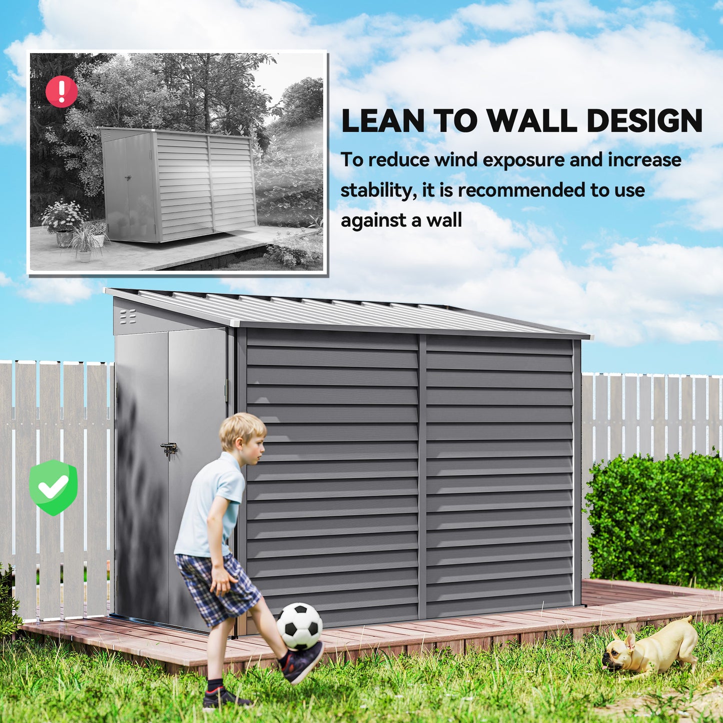 5 x 9ft Galvanised Metal Garden Shed with Foundation Kit, Grey