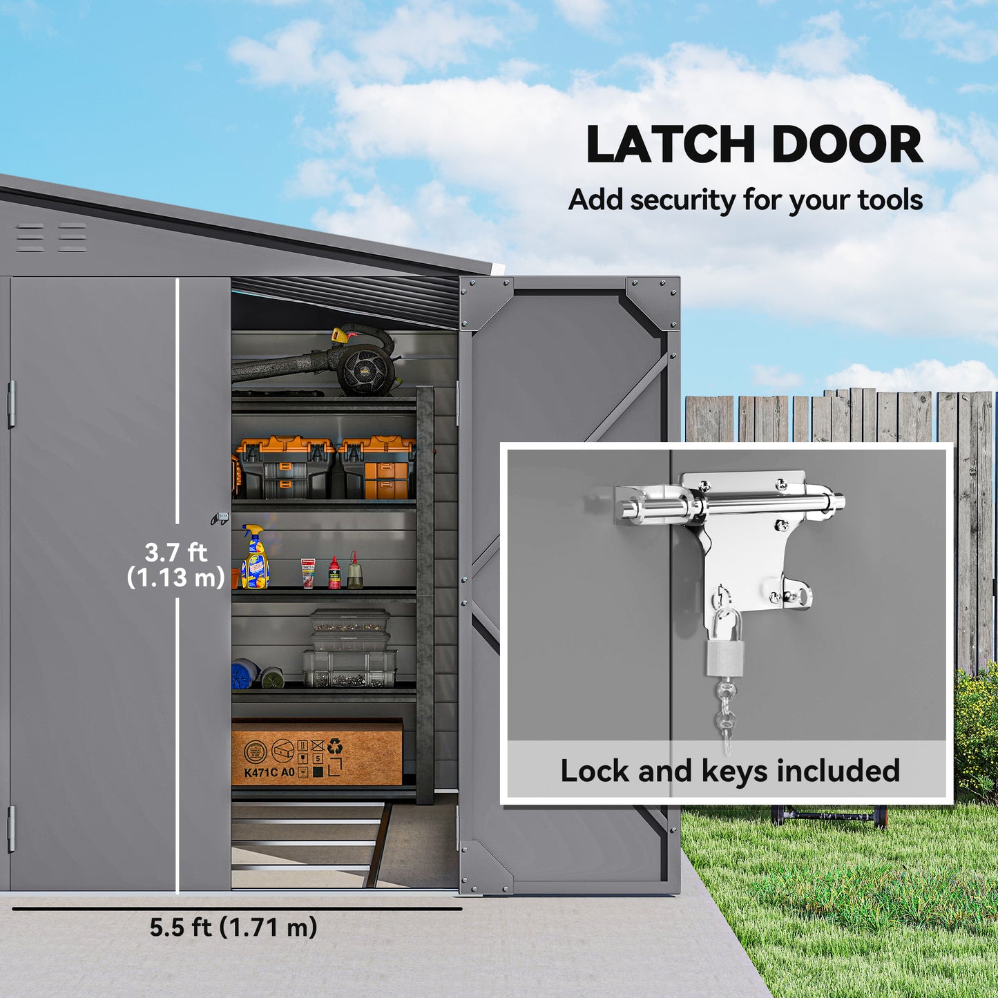 5 x 9ft Galvanised Metal Garden Shed with Foundation Kit, Grey