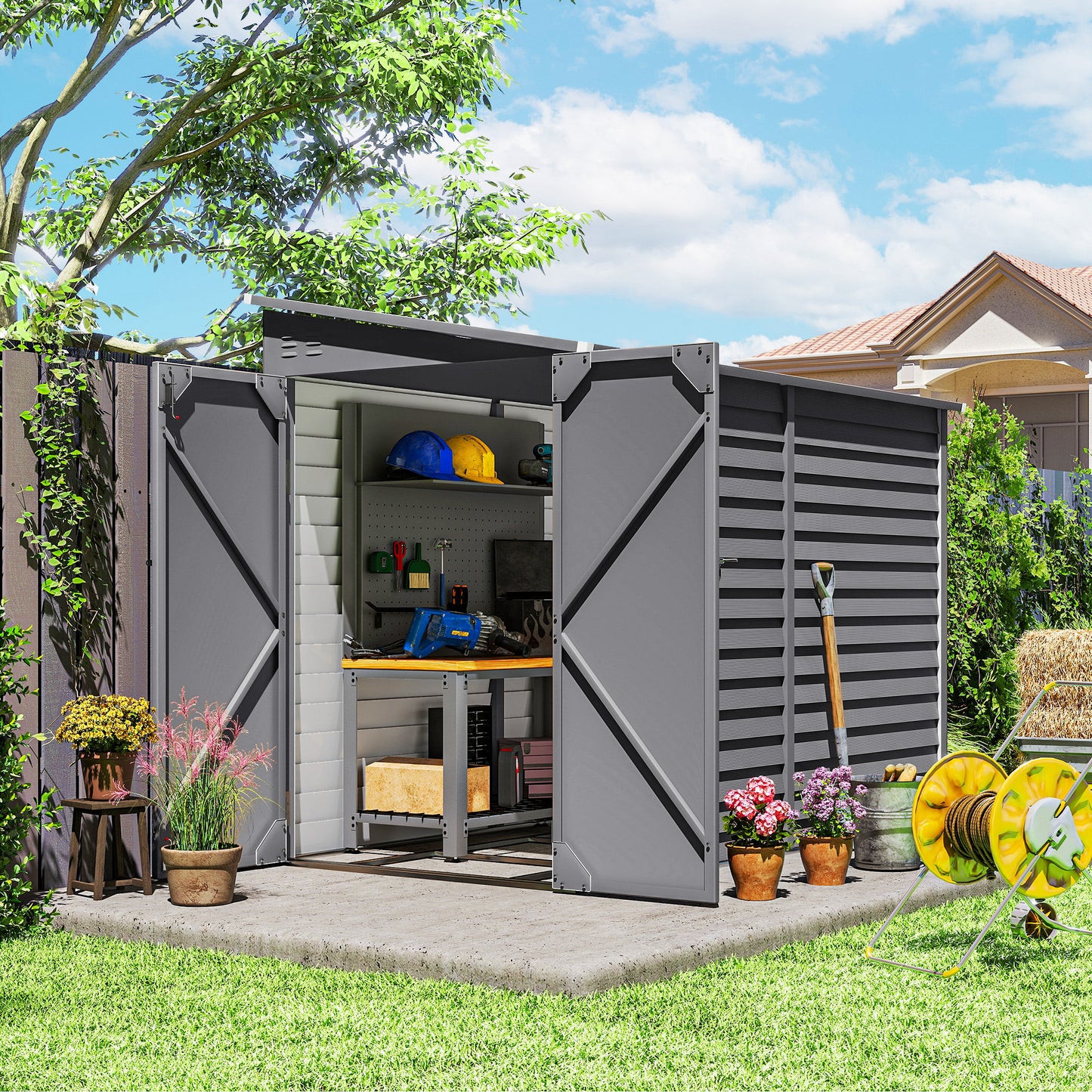 5 x 9ft Galvanised Metal Garden Shed with Foundation Kit, Grey